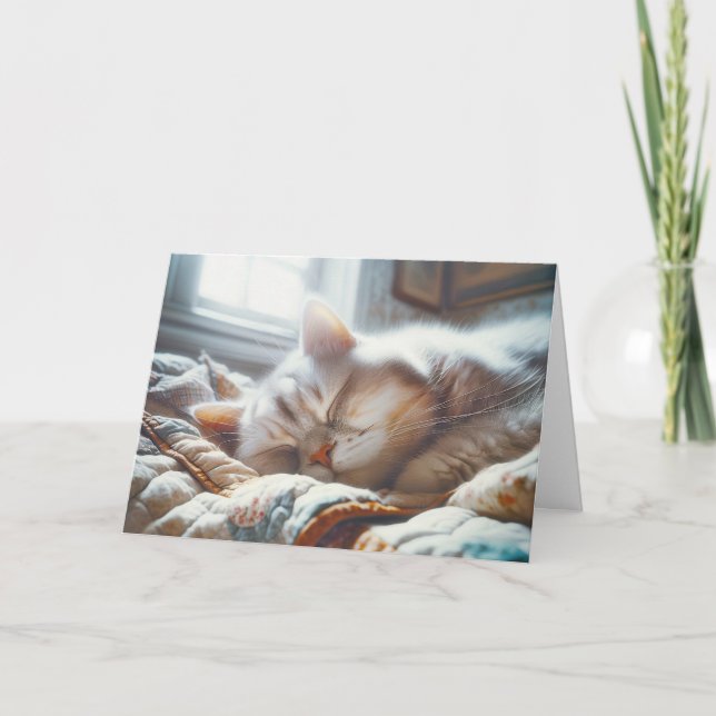 Tarjeta Gato Durmiendo Sobre Antigua Colcha de Cumpleaños (Anverso)