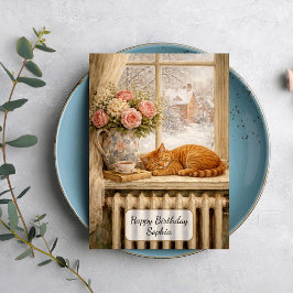 Tarjeta Gato Durmiente Ventana de Invierno