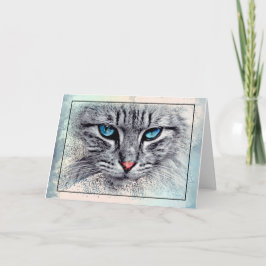 Tarjeta Gato elegante gris y blanco con ojos azules