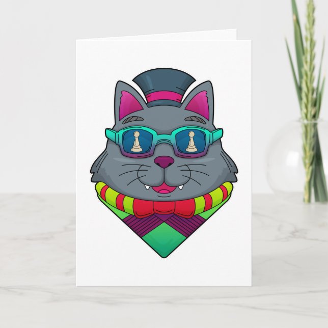 Tarjeta Gato en ajedrez con peón de ajedrez (Anverso)