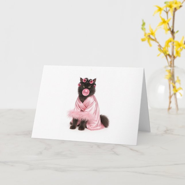 Tarjeta Gato en bata rosa con rulos y chicle   (flor amarilla)