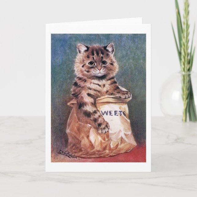 Tarjeta Gato en bolso de papel, Louis Wain (Anverso)