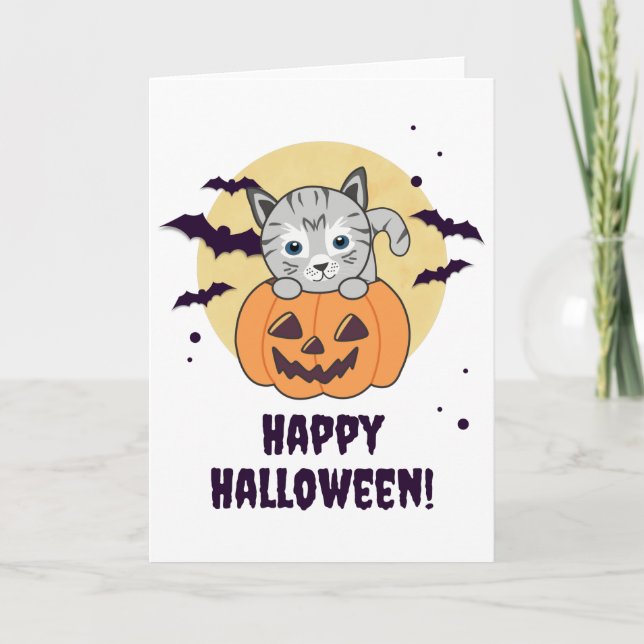 Tarjeta Gato En Calabaza Gatos Dulces Feliz Halloween (Anverso)