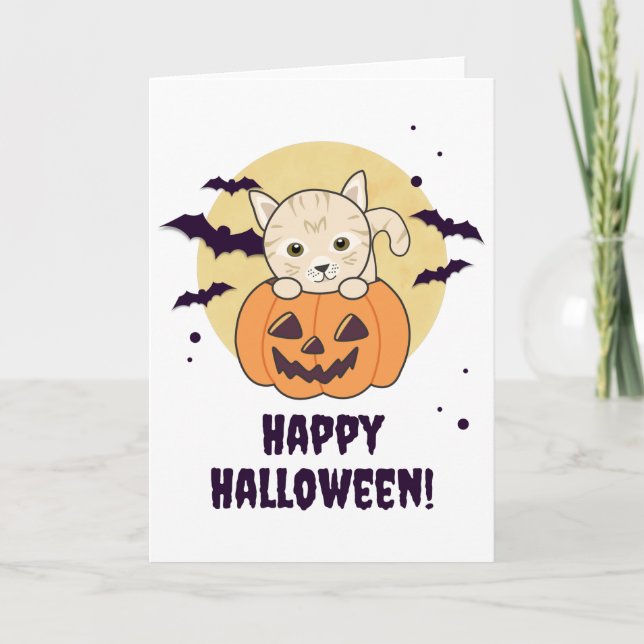Tarjeta Gato En Calabaza Gatos Dulces Feliz Halloween (Anverso)