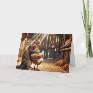 Tarjeta Gato en el aniversario abrazando a pollos de granj