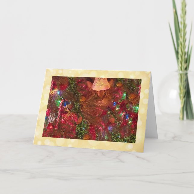 Tarjeta Gato En La Fiesta Del Árbol De Navidad (Anverso)