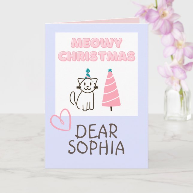 Tarjeta Gato encantador en un sombrero y árbol Feliz Navid (Orquídea)