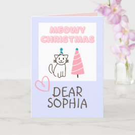 Tarjeta Gato encantador en un sombrero y árbol Feliz Navid