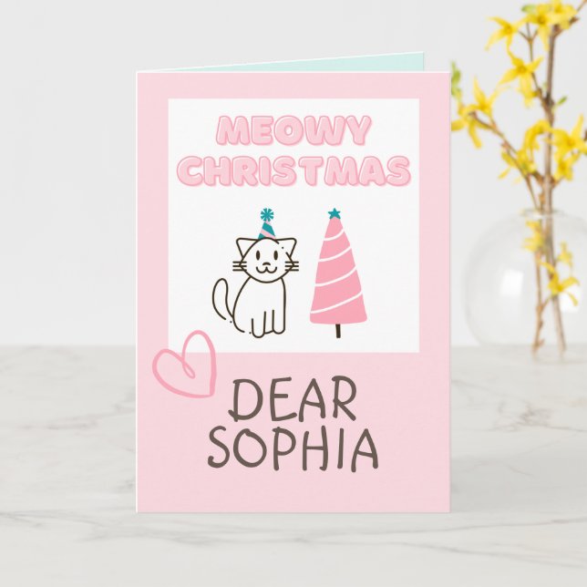 Tarjeta Gato encantador en un sombrero y árbol Feliz Navid (flor amarilla)