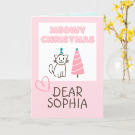 Tarjeta Gato encantador en un sombrero y árbol Feliz Navid