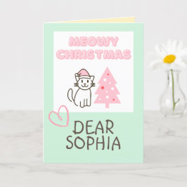 Tarjeta Gato Encantador en un Sombrero y Árbol Feliz Navid