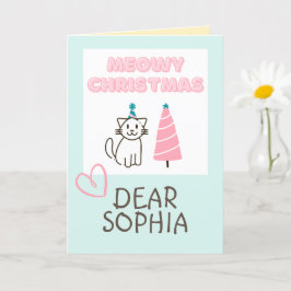 Tarjeta Gato encantador en un sombrero y árbol Feliz Navid