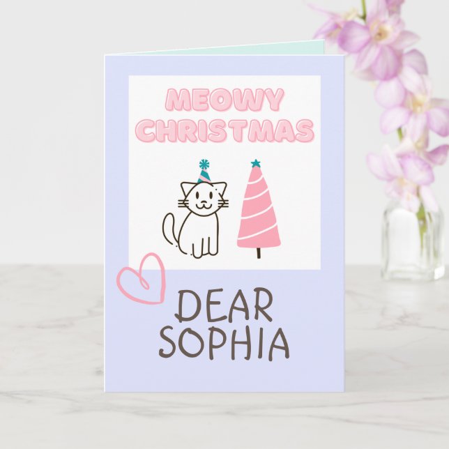 Tarjeta Gato encantador en un sombrero y árbol Feliz Navid (Orquídea)