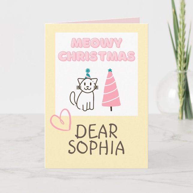 Tarjeta Gato encantador en un sombrero y árbol Feliz Navid (Anverso)