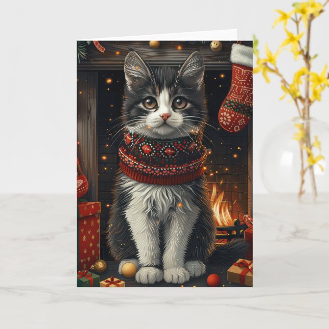 Tarjeta Gato Esmoquin con Regalos de Navidad Chimenea (flor amarilla)
