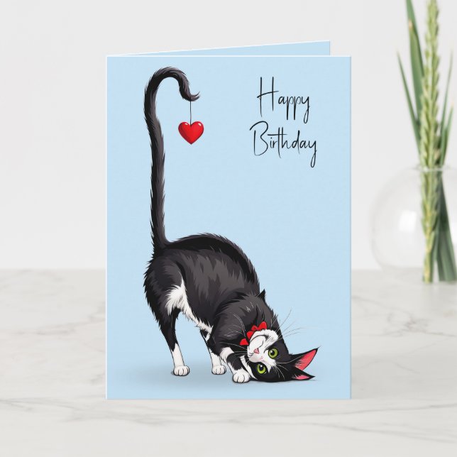 Tarjeta Gato esmoquin de cumpleaños con corazón rojo colga (Anverso)