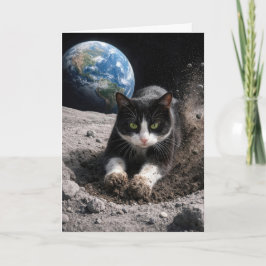 Tarjeta Gato esmoquin de cumpleaños excavando un cráter lu