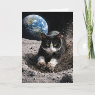 Tarjeta Gato esmoquin de cumpleaños excavando un cráter lu