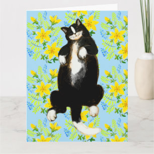 Tarjeta Gato esmoquin durmiendo en cama floral