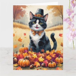Tarjeta Gato Esmoquin entre Hojas de Otoño Arte de Acción 