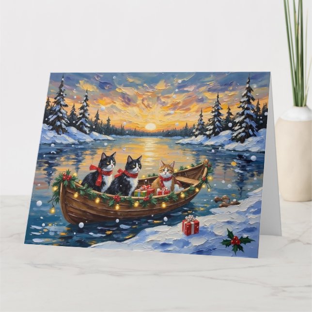 Tarjeta Gato Esmoquin Navidad Barco Fiesta (Anverso)