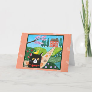 Tarjeta Gato esmoquin y pequeño pájaro amarillo Arte popul