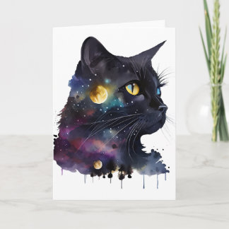 Tarjeta Gato Espacial Cósmico Negro Bonito Acuarela