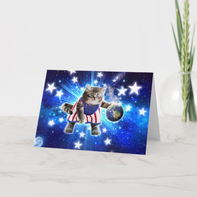 Tarjeta Gato espacial jugando al baloncesto (Anverso)