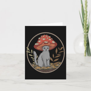 Tarjeta Gato Estético De Cottagecore Con Gorra De Hongos