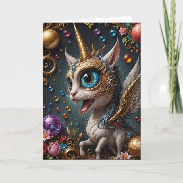 Tarjeta Gato Fantasía Unicornio, Cumpleaños (Anverso)