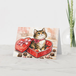 Tarjeta Gato Feliz en una Caja de Corazones de Dulces de S