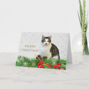 Tarjeta Gato Feliz Navidad con Vegetación Navideña