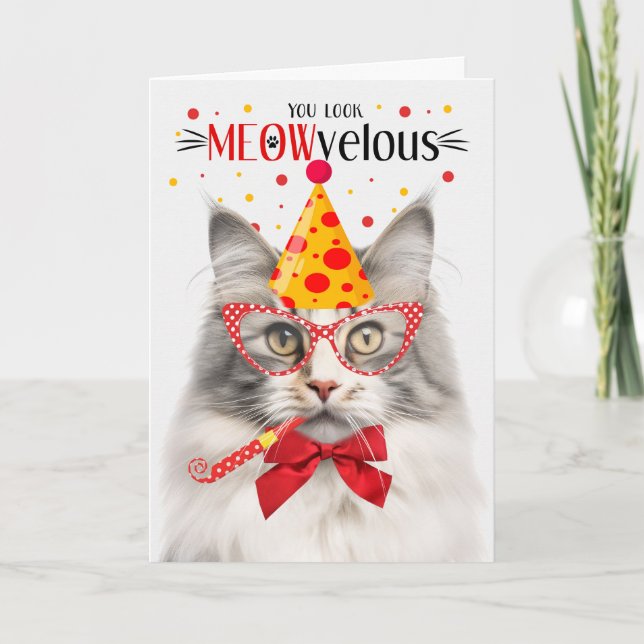Tarjeta Gato forestal noruego plateado MEOWvelous Birthday (Anverso)