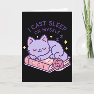 Tarjeta Gato friki jugador de Rpg durmiendo dados D20 para