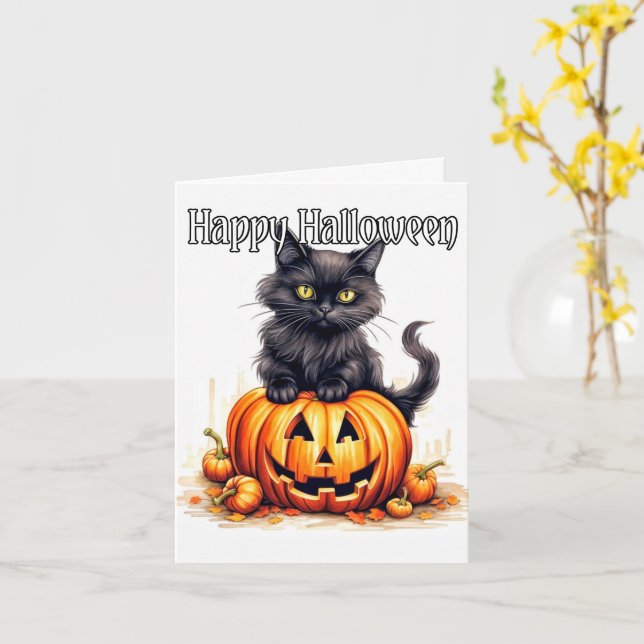 Tarjeta Gato gatito negro súper lindo | Feliz Halloween (flor amarilla)