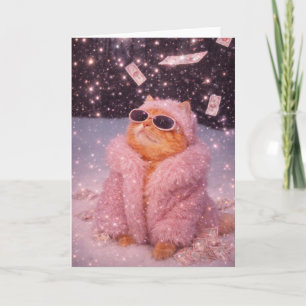 Tarjeta Gato Glam Money con abrigo de piel rosa y gafas de