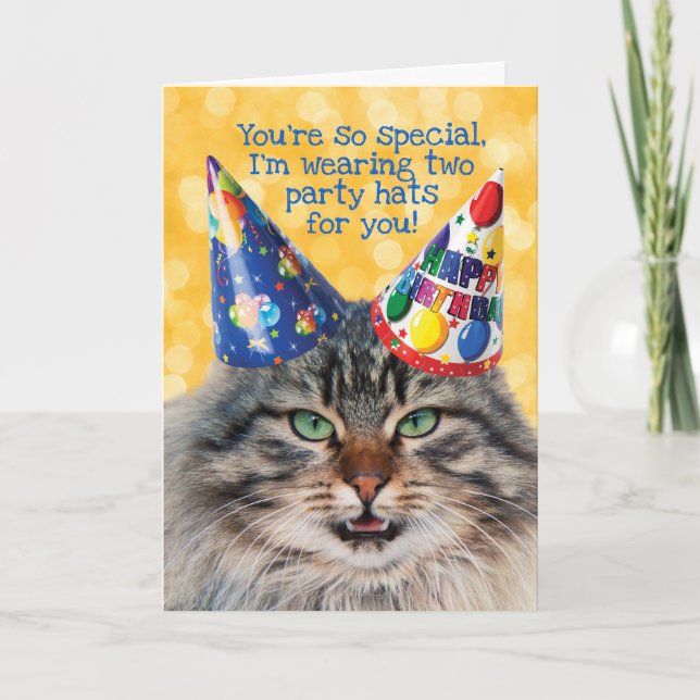 Tarjeta Gato gracioso con dos Gorras Fiestas Saludo de cum (Anverso)