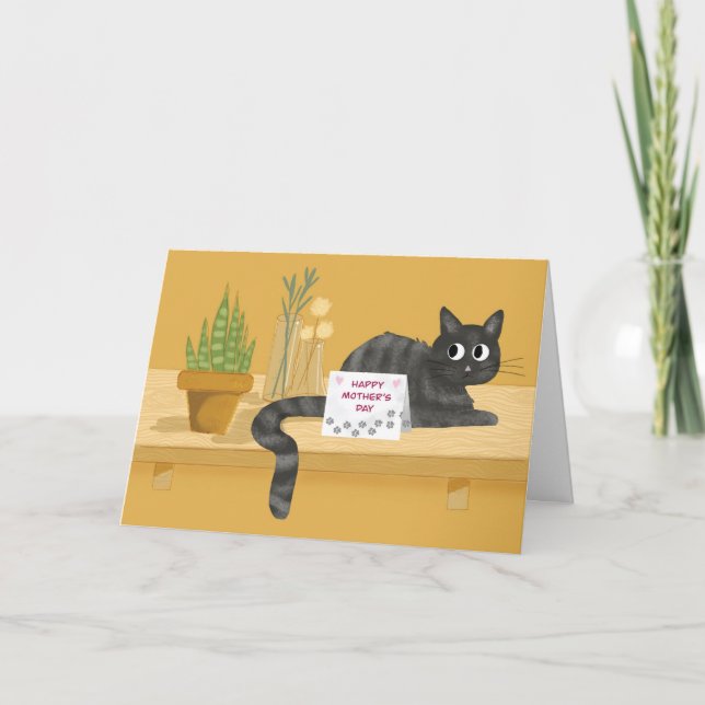 Tarjeta Gato gracioso de Día de la Madre en mesa con plant (Anverso)