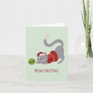 Tarjeta Gato Gris Adorable con Sombrero de Navidad
