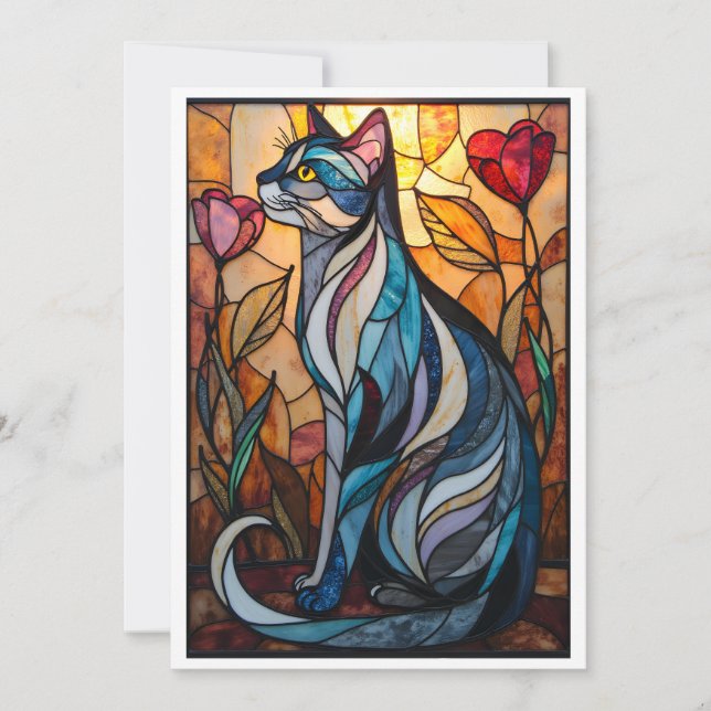 Tarjeta Gato Gris con Flores al Estilo de Vidrio Pintado (Anverso)