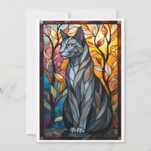 Tarjeta Gato Gris con Hojas al Estilo de Vidrio Pintado