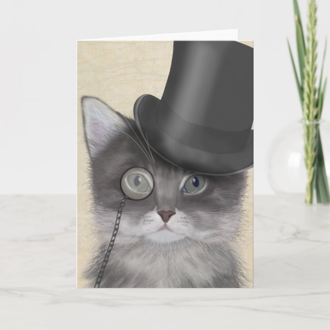 Tarjeta Gato gris con sombrero superior (Anverso)