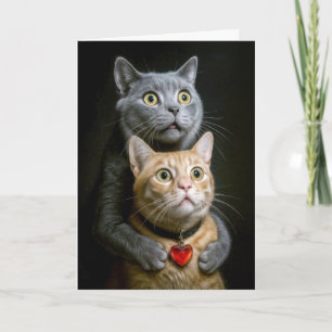 Tarjeta Gato gris de cumpleaños con gato jengibre en boca 