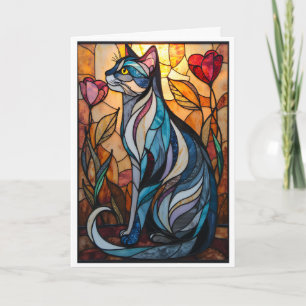 Tarjeta Gato Gris de Estilo Vidrio Pintado con Flores