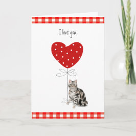Tarjeta Gato gris de San Valentín con globo aerostático de