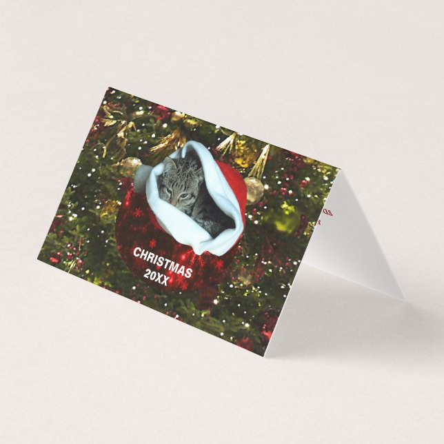 Tarjeta Gato gris de Shorthair en Navidades Red Santa Hat  (Anverso)