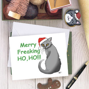 Tarjeta Gato Gris Divertido Malhumorado Navidad Humor Fest