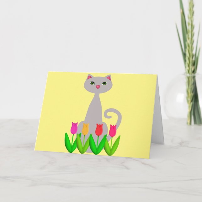 Tarjeta Gato gris en flores de la primavera (Anverso)