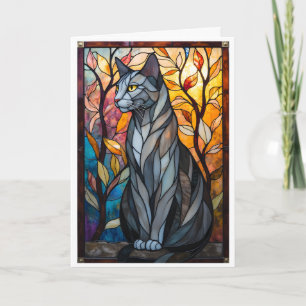 Tarjeta Gato Gris Estilo Vidrio Emplomado con Hojas