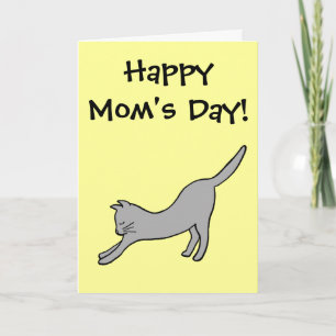 Tarjeta Gato gris estirándose en amarillo ¡Feliz día de la